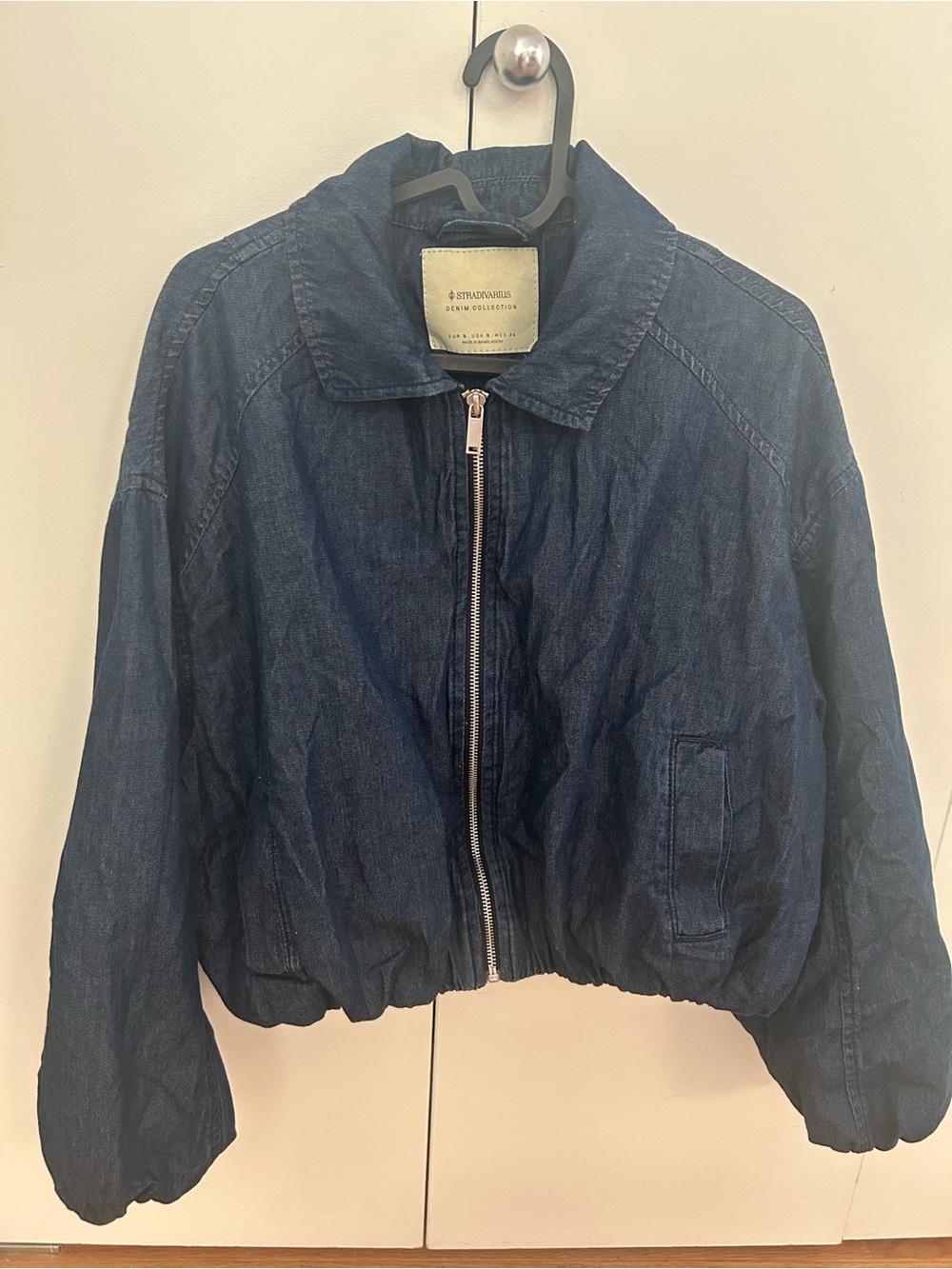 stradivarius Dark Blue Denim Zip-Up Bomber Jacket